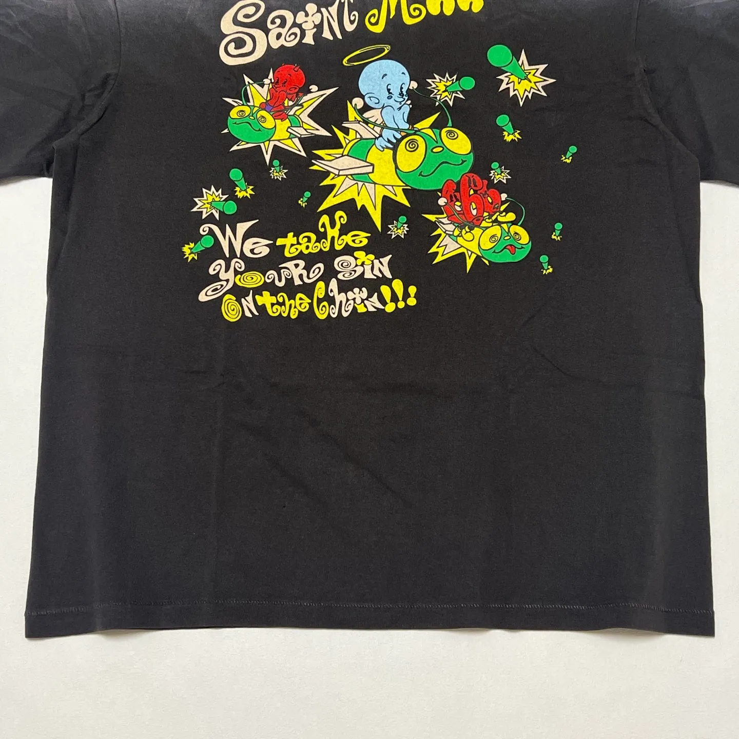 SAINT Mxxxxxx SS TEE/SAINT MX6/BLK Little devil bee distressed TEE, washed black S-XL OE yarn tube fabric, no side seams, Assute garment dyeing, heavy washing, water fading, old hole treatment, correct version, original consistent main mark/wash mark/cherub mark, original consistent printing restoration, distressed treatment, top purchasing agent level